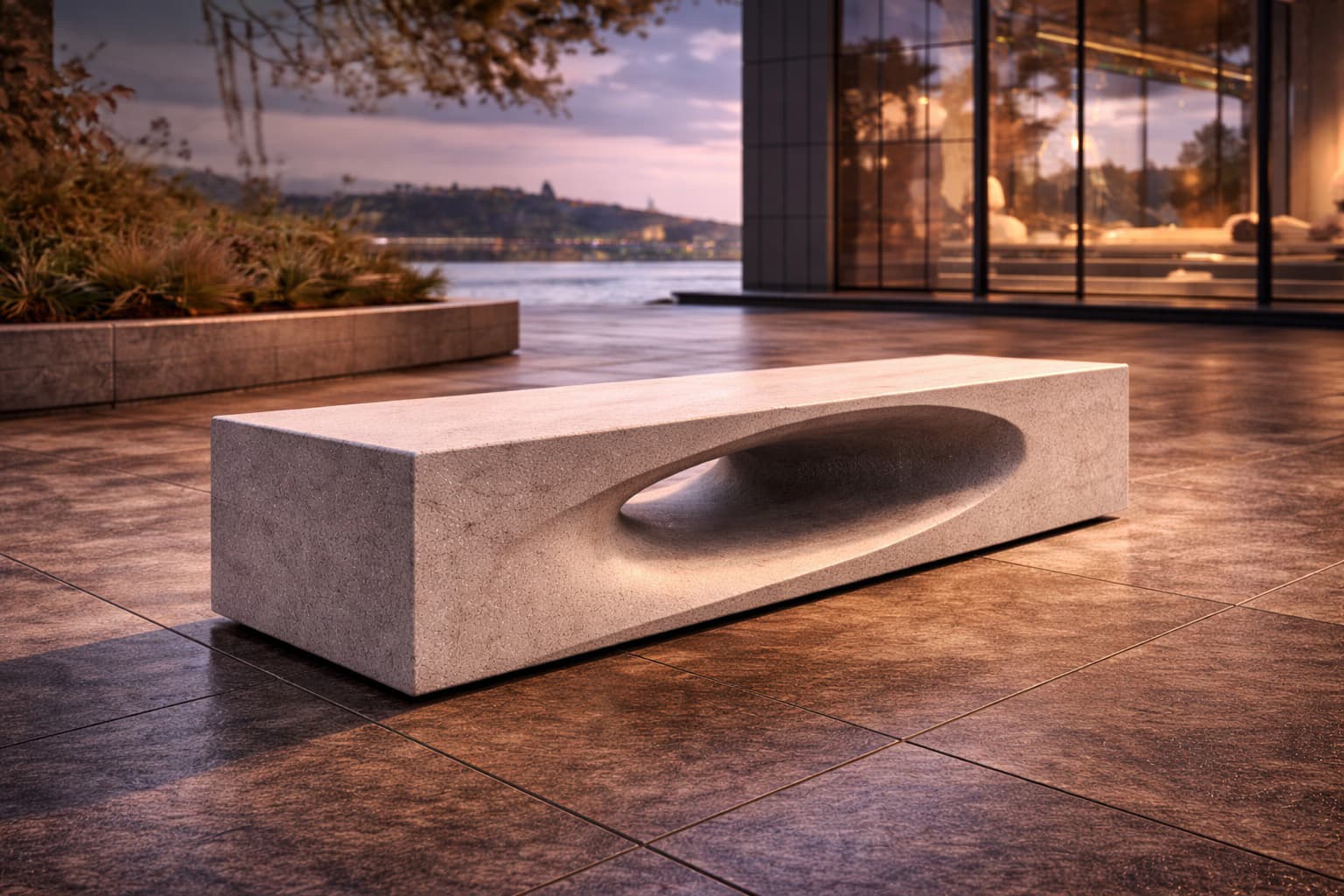 Beaton Ribbon Edge bench at the river's edge
