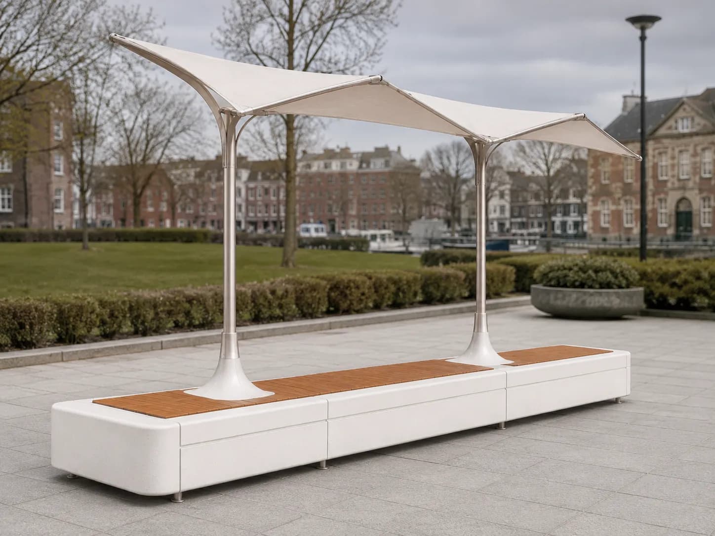 Caven Shade Bench — in context — off-white concrete + iroko