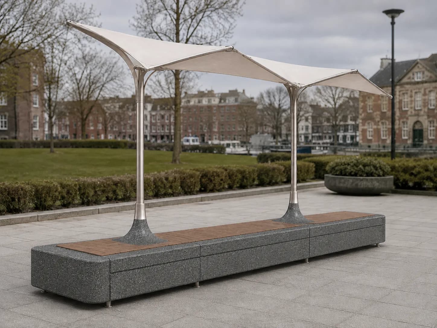 Caven Shade Bench — in context — basalt concrete + sapelli