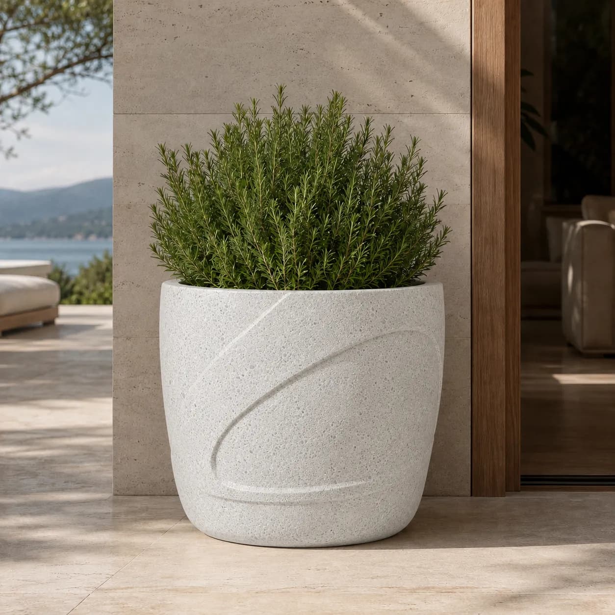 Auro Wave Planter — in context — off-white concrete + iroko