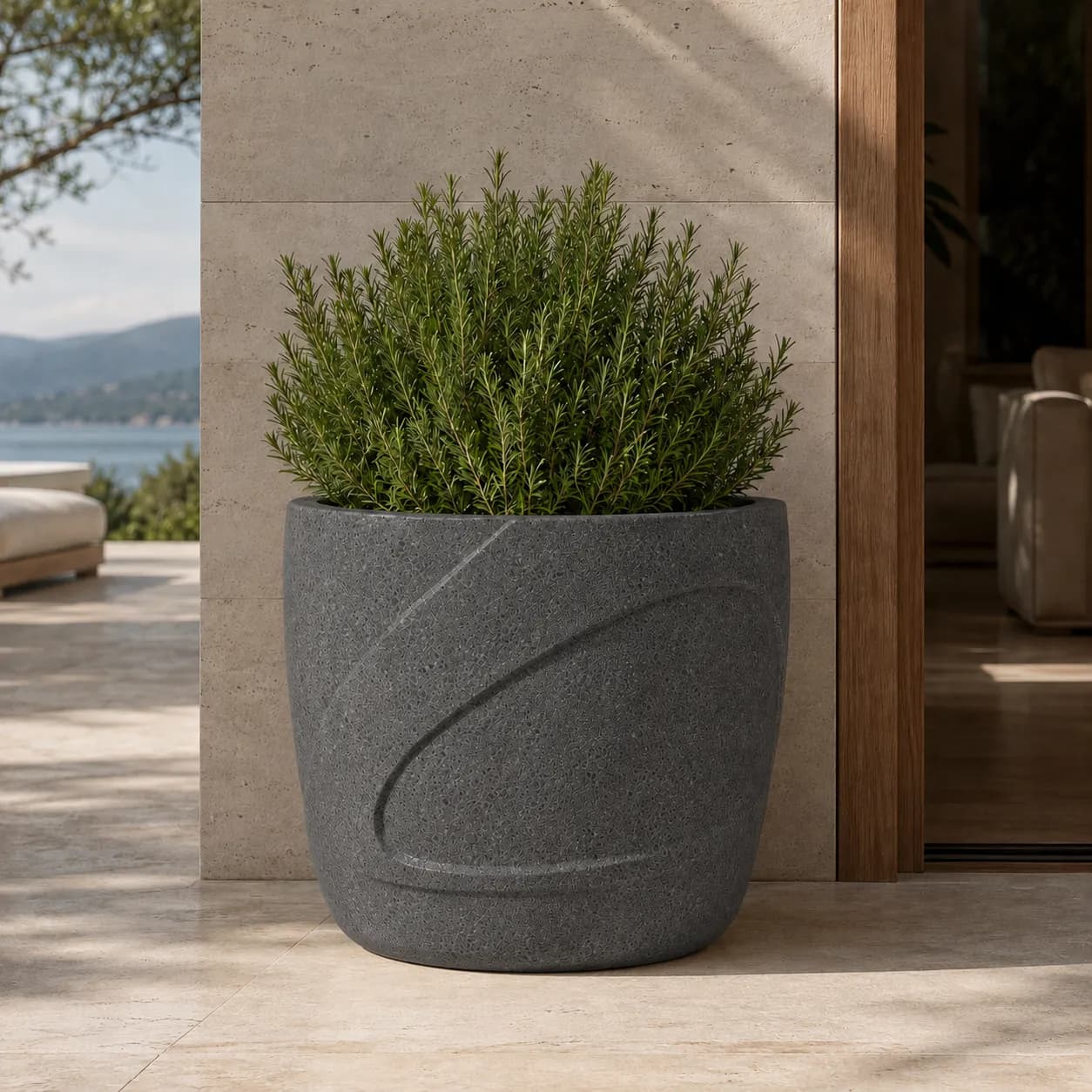 Auro Wave Planter — in context — basalt concrete + sapelli