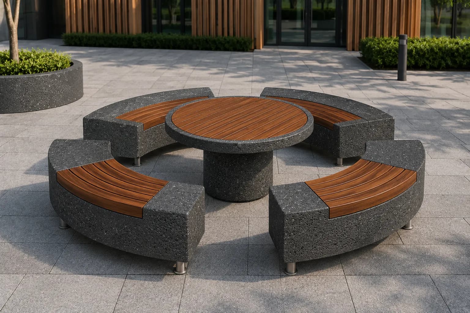 Auro Loop Bike Parking — in context — basalt concrete + sapelli