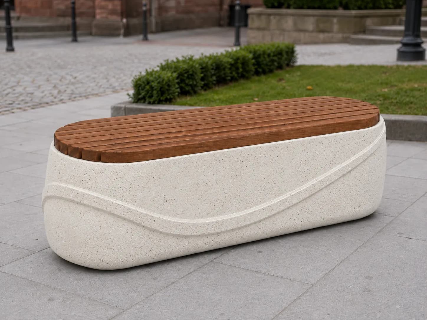 Auro Bench — in context — off-white concrete + iroko