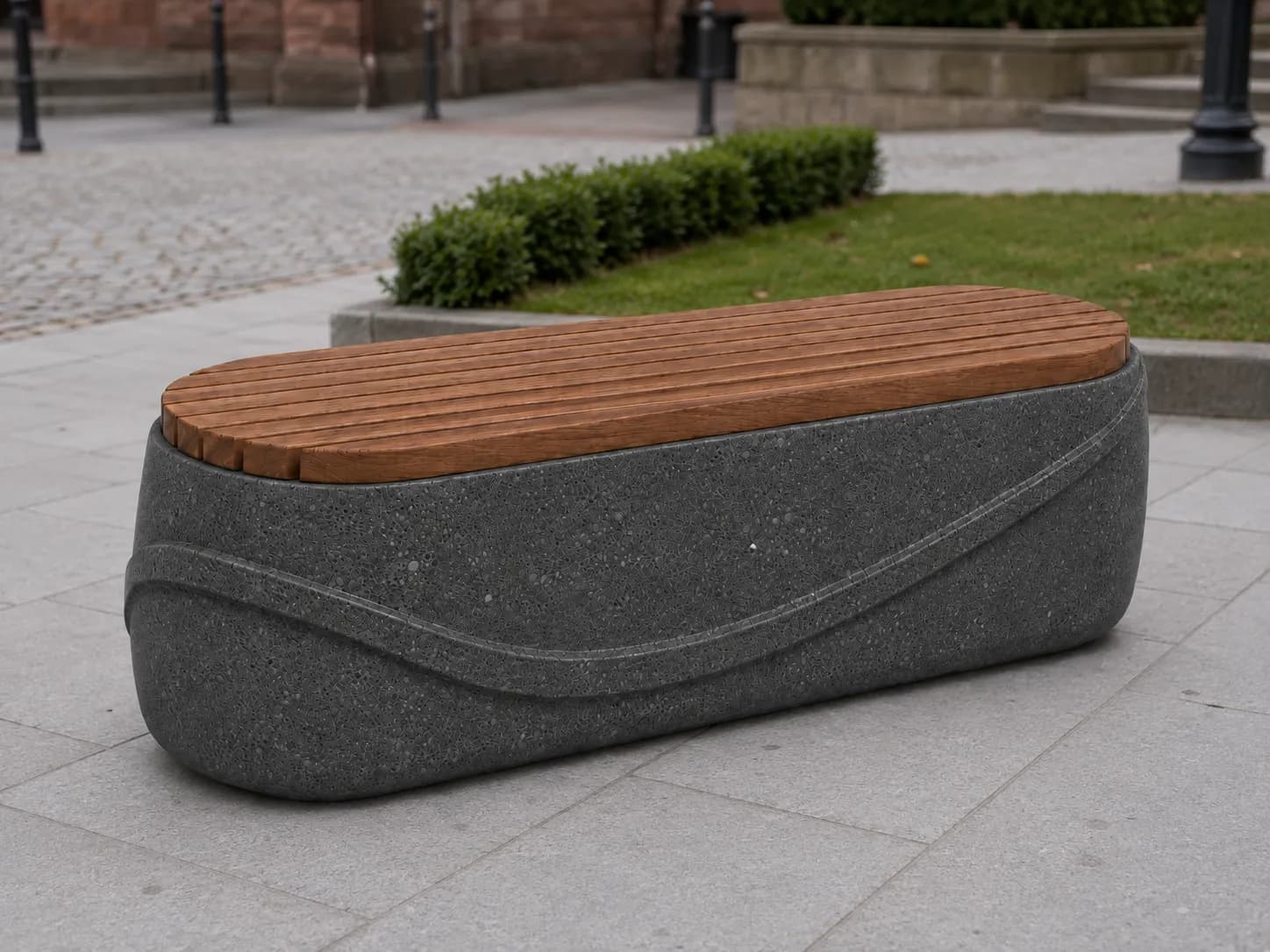 Auro Bench — in context — basalt concrete + sapelli