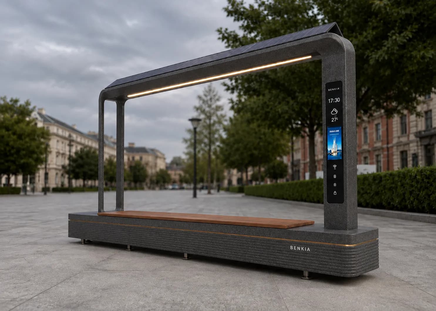 Solvia Multifunction Bench — in context — basalt concrete + sapelli