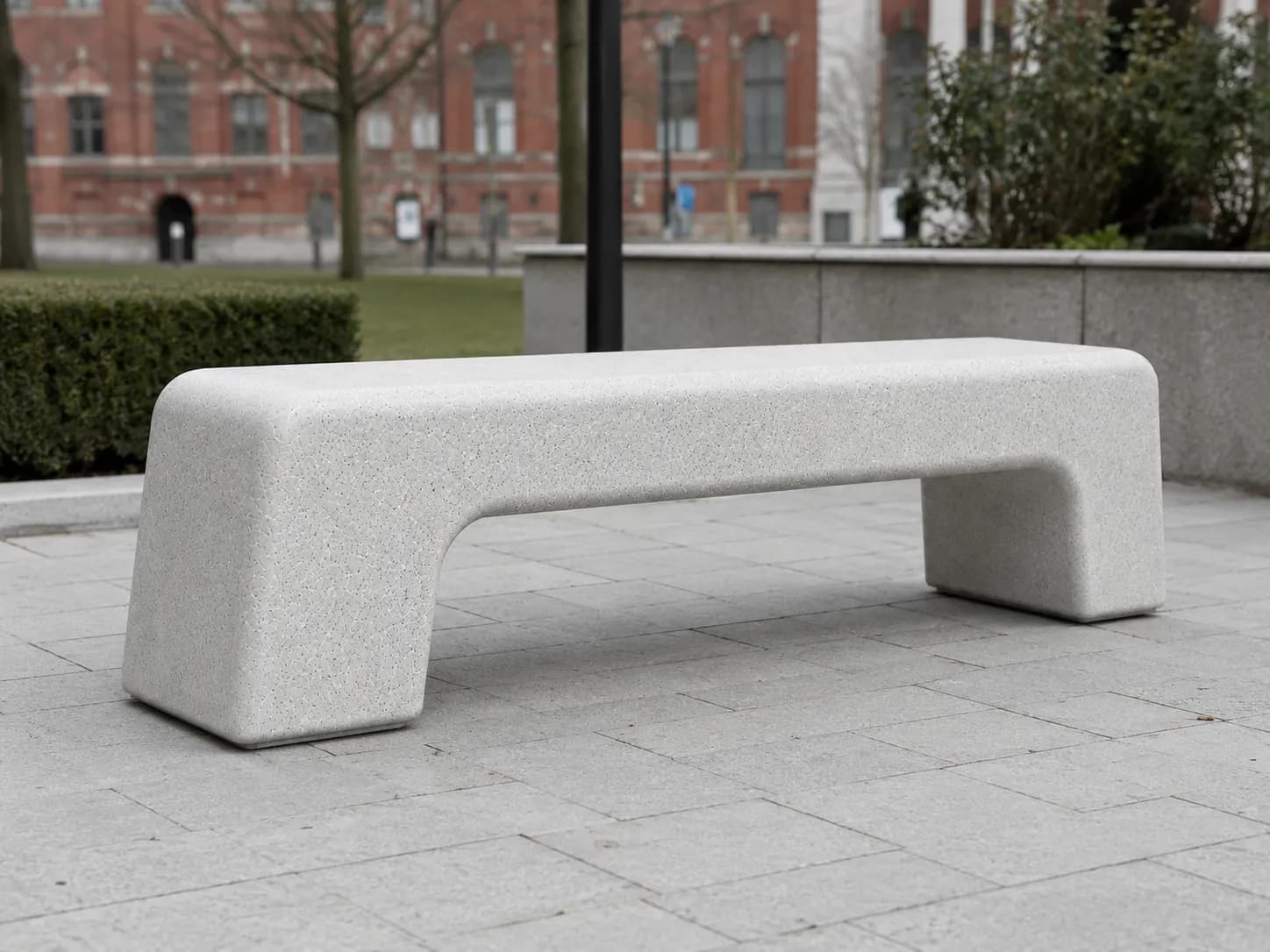 Aura Basic Bench — in context — off-white concrete + iroko