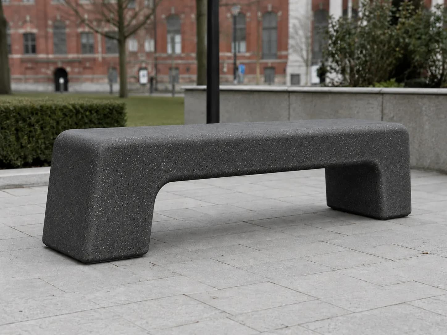 Aura Basic Bench — in context — basalt concrete + sapelli