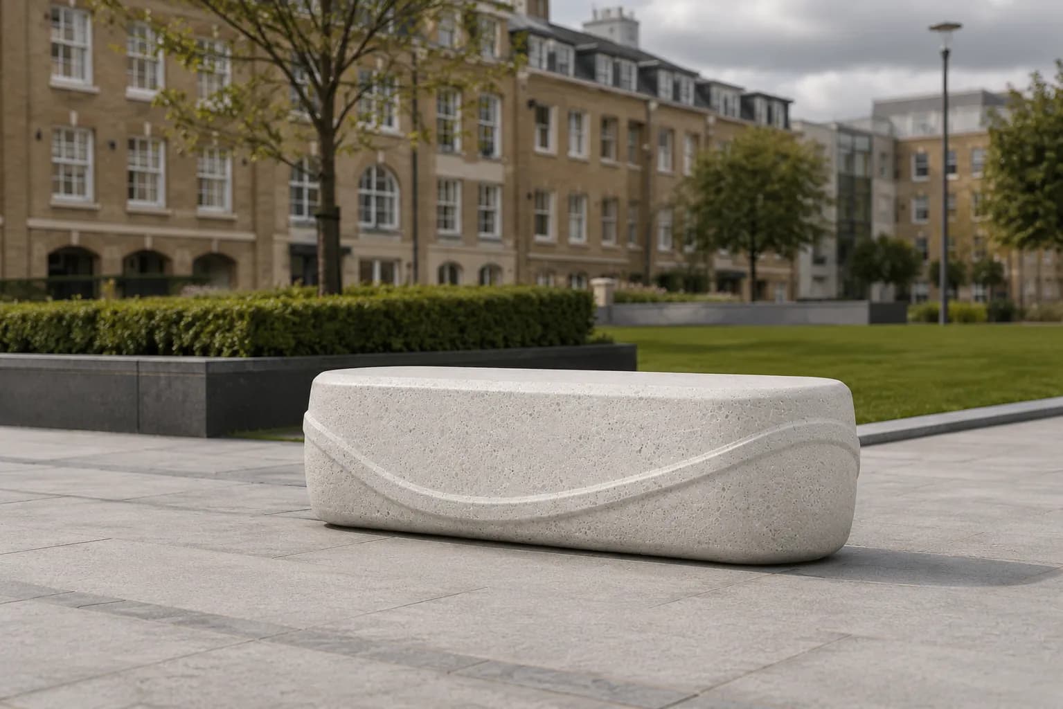 Aura Flow Bench — in context — off-white concrete + iroko