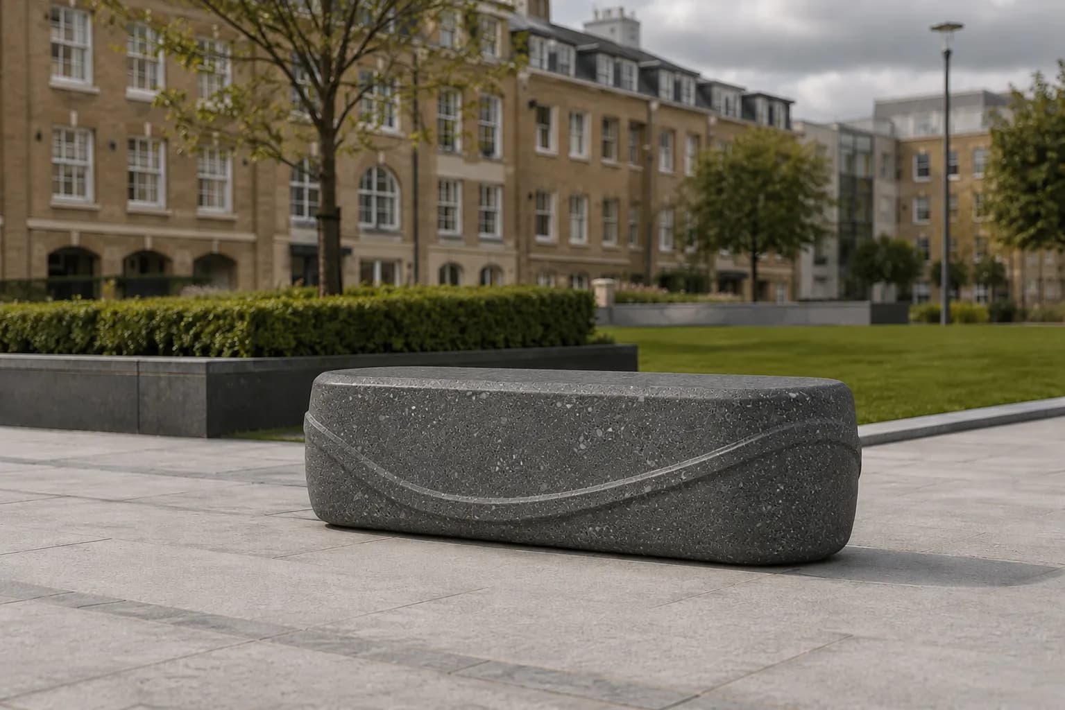 Aura Flow Bench — in context — basalt concrete + sapelli