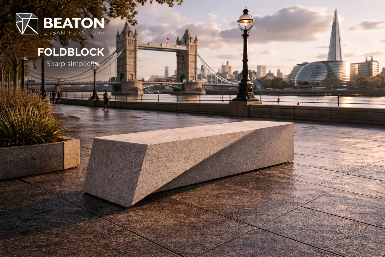 Beaton Foldblock concrete bench at London riverside near Tower Bridge