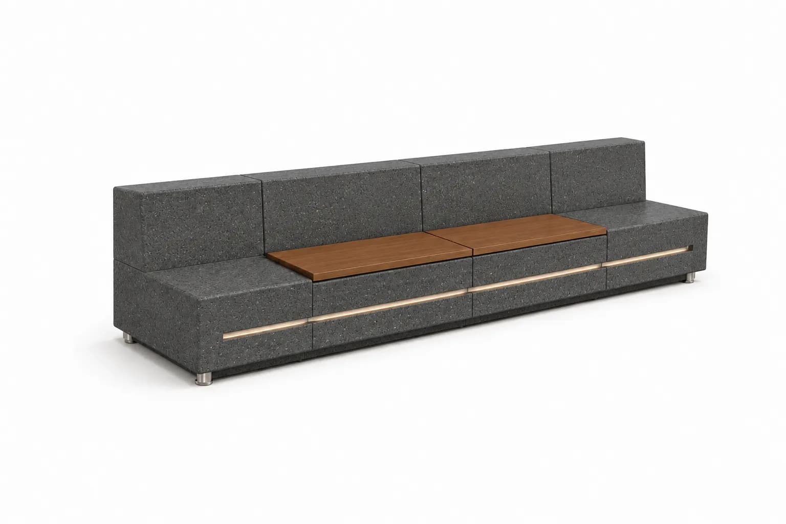 Caven Rest Modular Bench System — 3/4 perspective — basalt concrete + sapelli