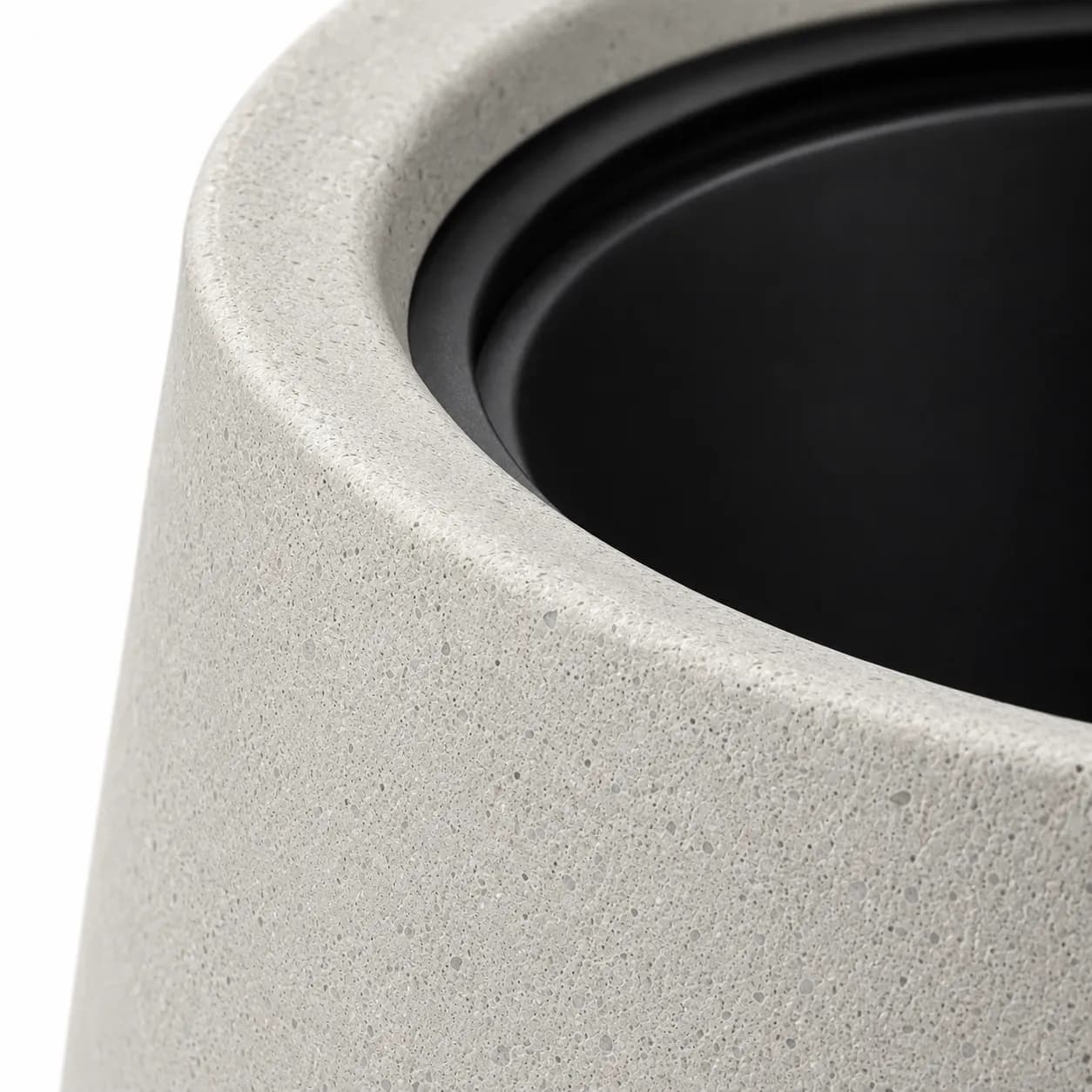 Stay Litter Bin — detail close-up — off-white concrete + iroko