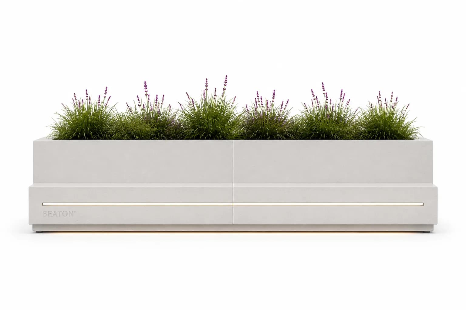 Caven Rest Planter Seating Unit — front view — off-white concrete + iroko