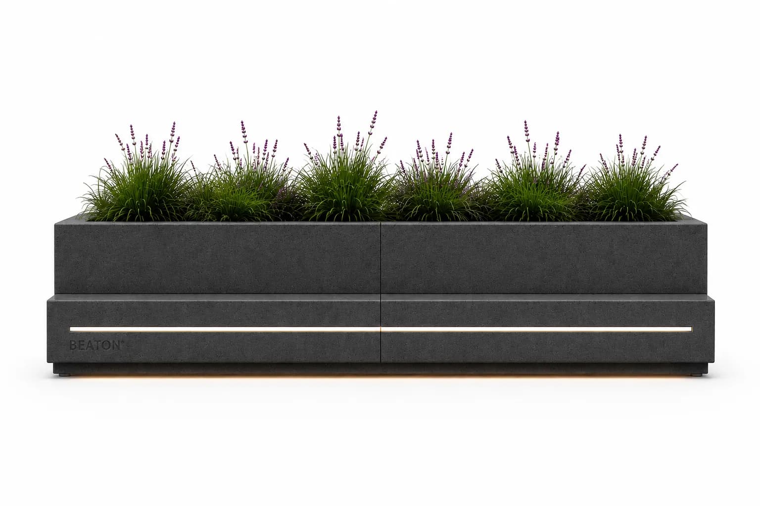 Caven Rest Planter Seating Unit — front view — basalt concrete + sapelli