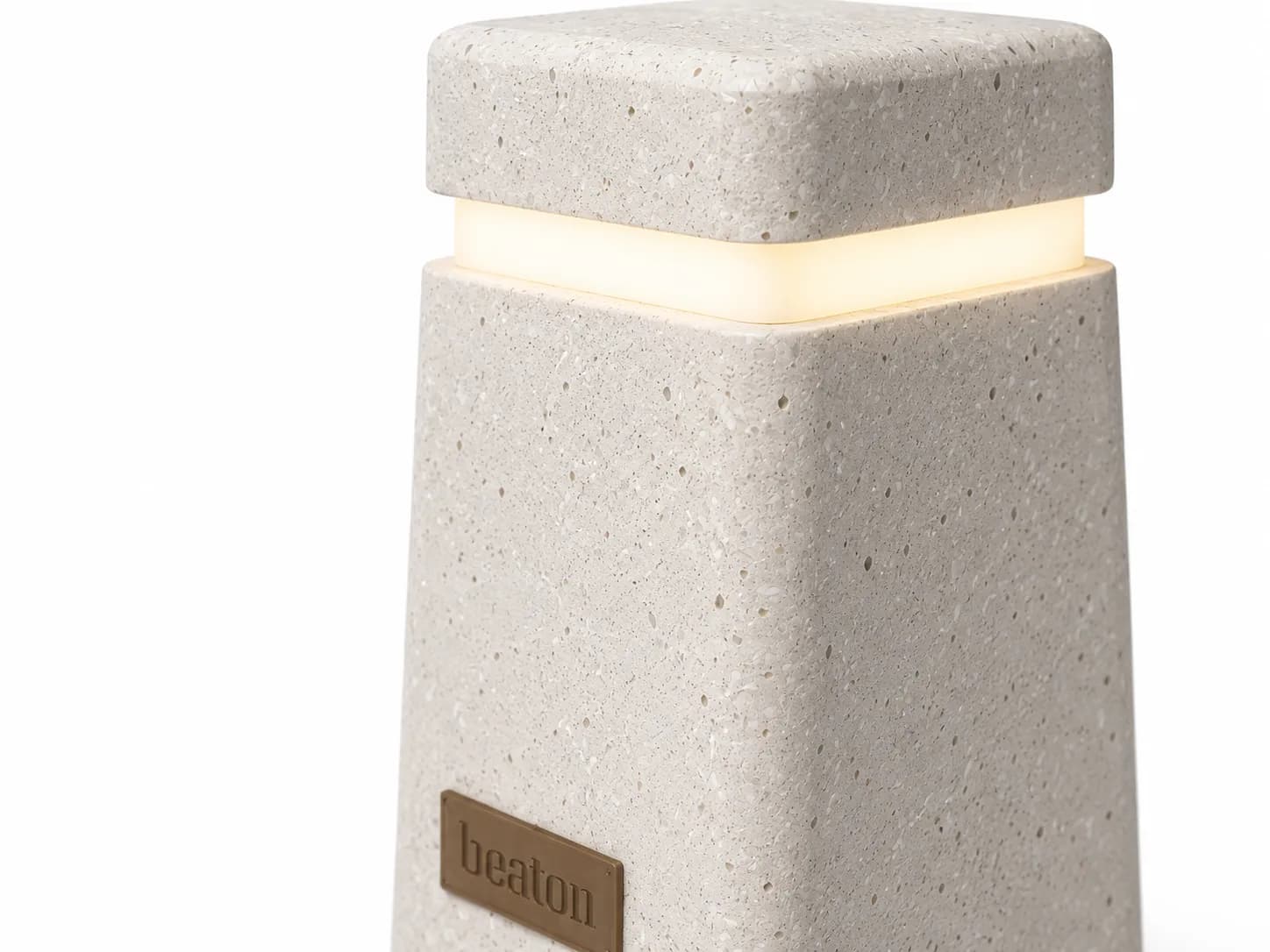 Caven Lighting — detail close-up — off-white concrete + iroko